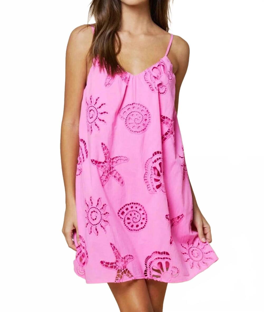NEW LALAVON ocean sea shell embroidery mini dress in pink